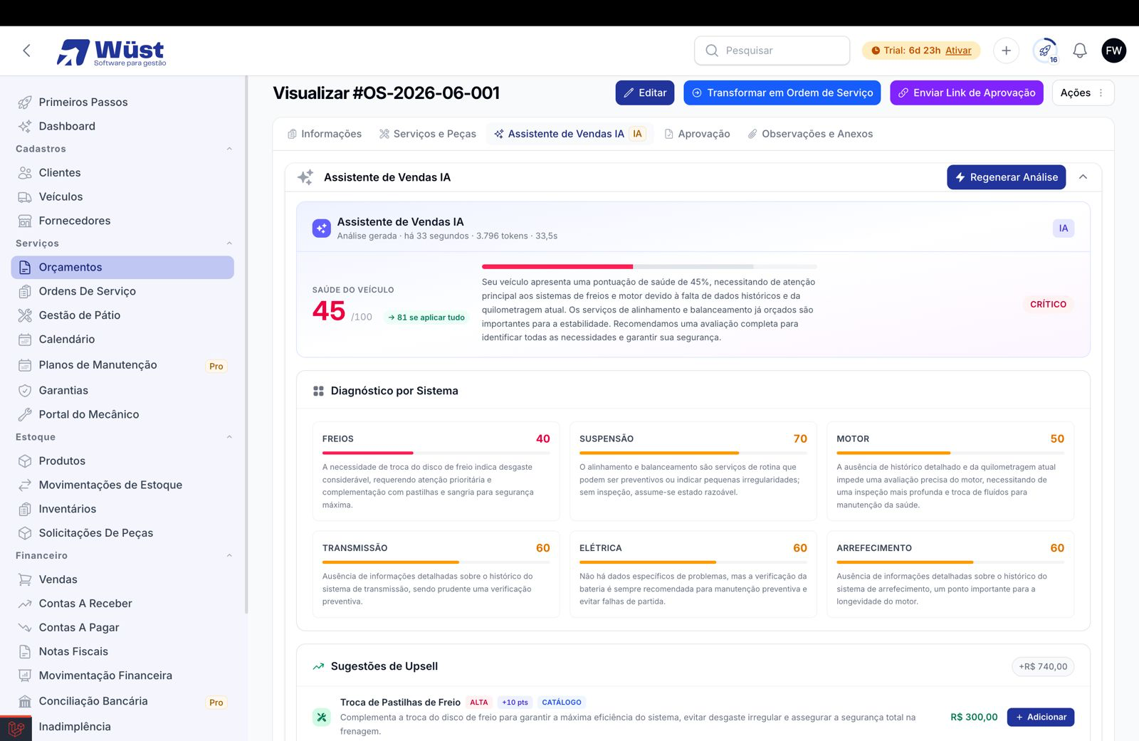 Assistente de Vendas IA do sistema para oficina mecânica Wüst Software — saúde do veículo e sugestões de upsell